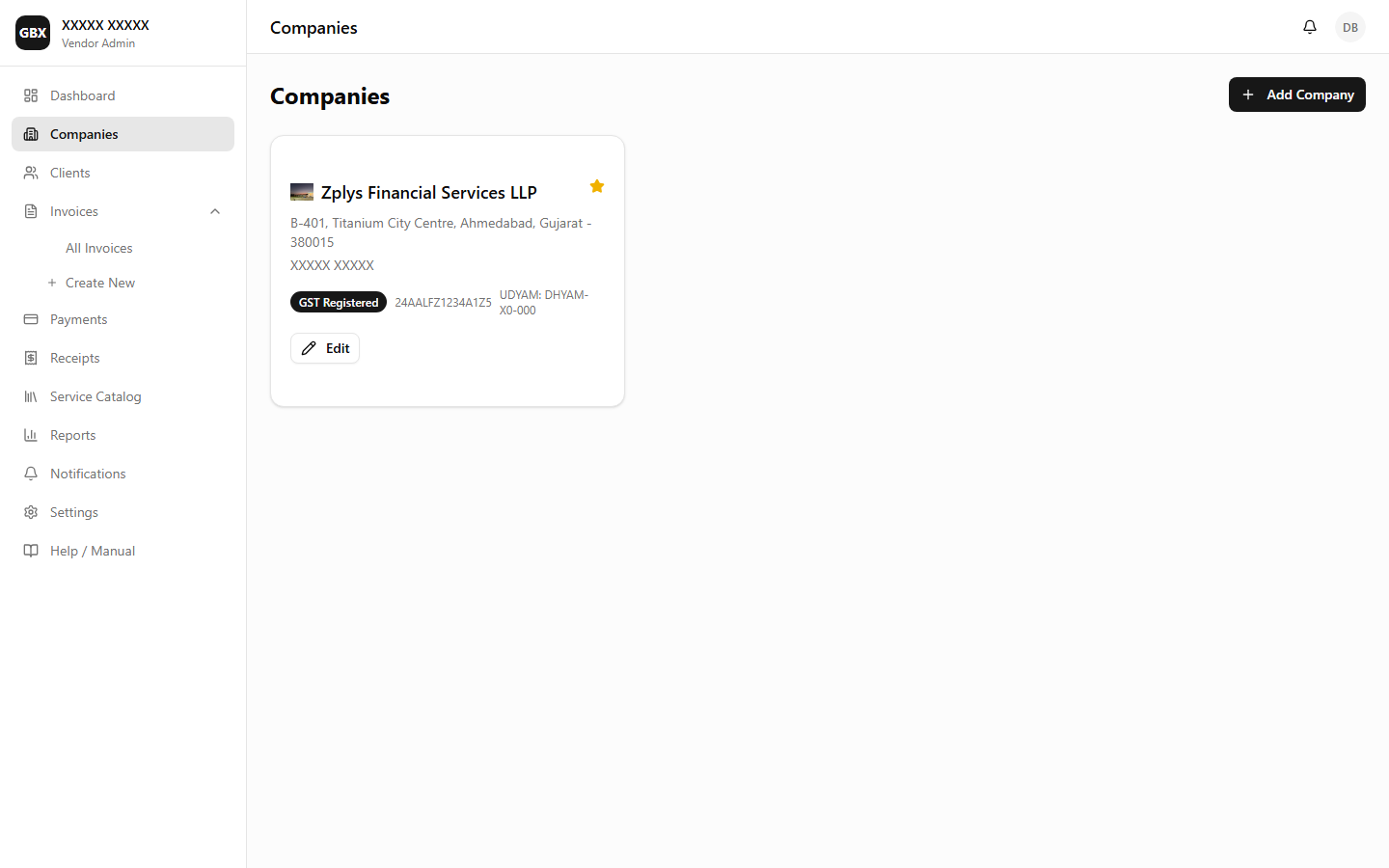 Companies — Company list view