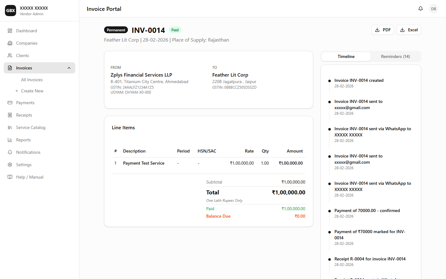 Invoice Detail — Summary with action buttons
