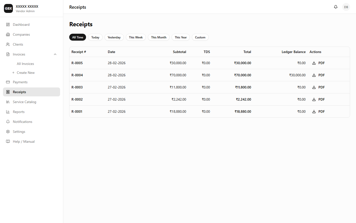 Receipts — Receipt list with download actions