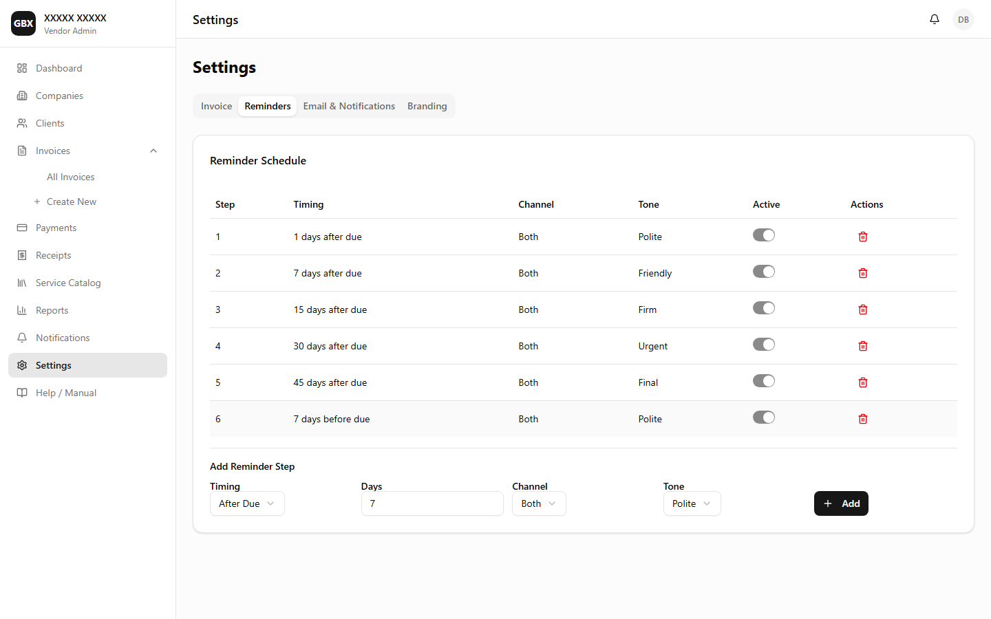 Settings — Reminder schedule configuration