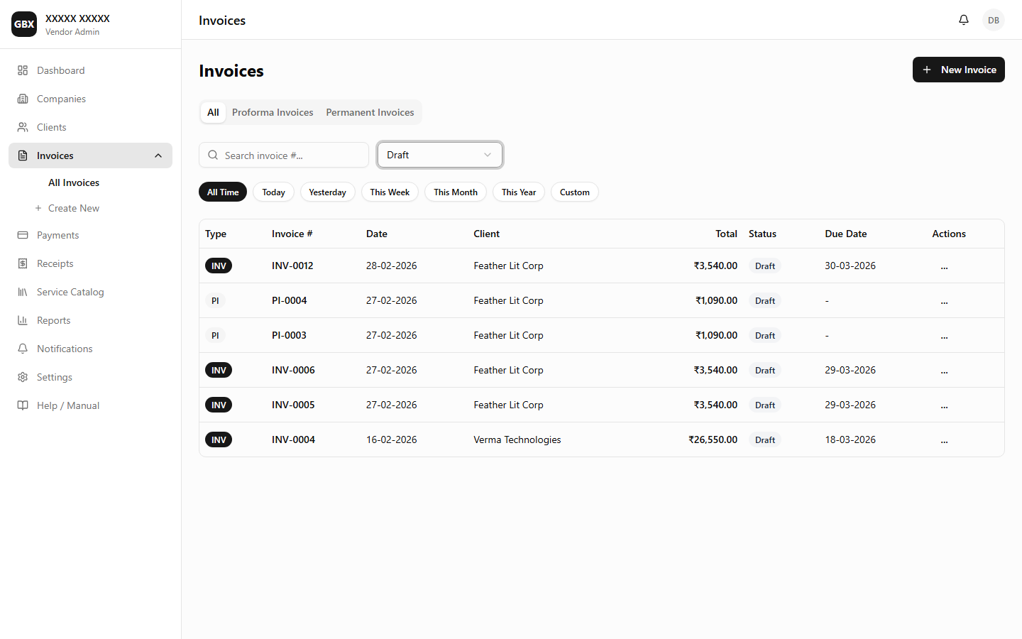 Invoice List — Draft invoices ready to send