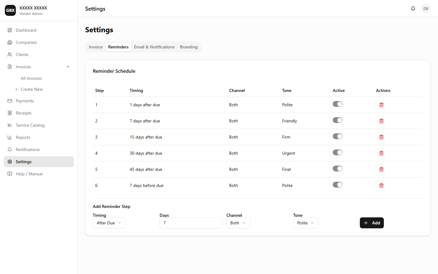 Settings — Reminder steps with tone levels